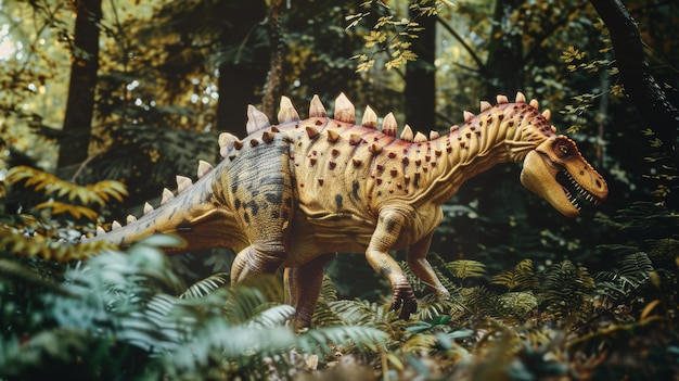 Photo a realistic model of a dinosaur a formidable creature from the past in lush greenery