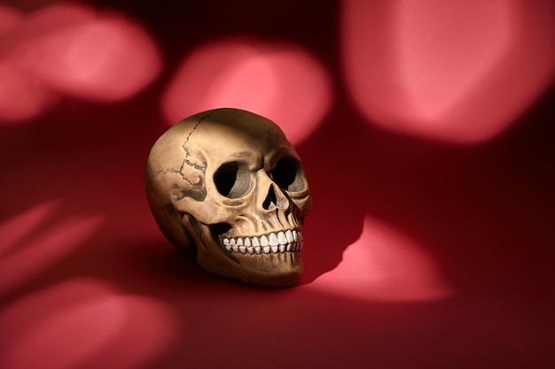 Realistic model of a human skull with teeth on a red spotted background Medical science or Halloween horror concept Closeup shot