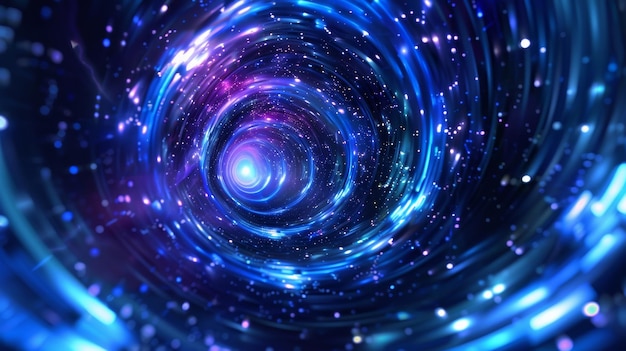 Realistic modern background with space travel neon glowing effect Fantasy motion circular twisted perspective tunnel of velocity in hyperspace Blue high speed light warp with radial twisted burst