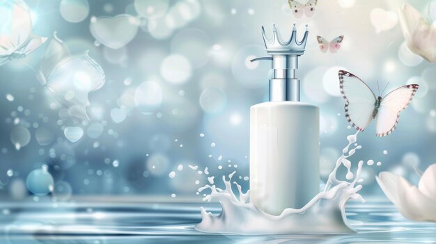 A realistic modern blurred background with milk cosmetics product body lotion in a white bottle with a silver dispenser a crown with flying butterflies a banner with a crown