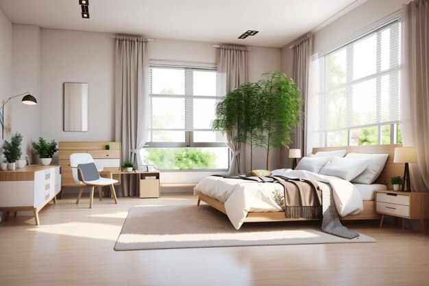 Photo realistic modern double bedroom with furniture and a frame