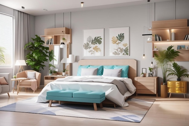 Realistic modern double bedroom with furniture and a frame