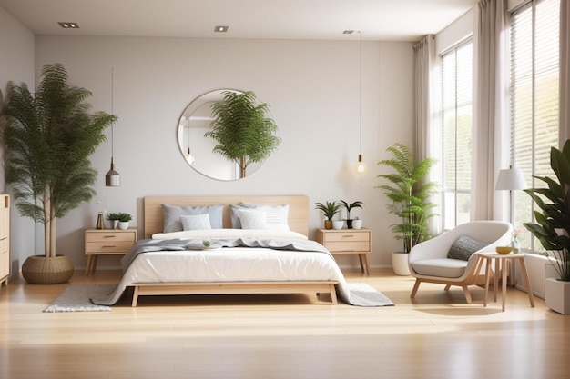 Photo realistic modern double bedroom with furniture and a frame