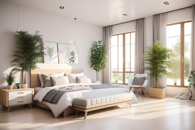 Photo realistic modern double bedroom with furniture and a frame