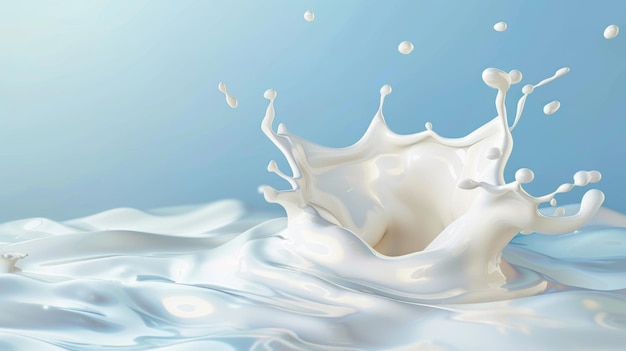 Realistic modern illustration of milk splash or pouring Natural dairy products yogurt or cream in crown splash with drops or swirls isolated on a blue background
