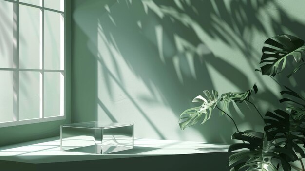 Realistic modern illustration of minimalistic natural eco composition with empty crystal or plexiglass stand A pentagon clear product podium mockup with monstera leaves shadowed against a green