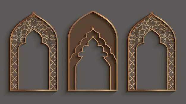 Photo a realistic modern illustration set of brown arch border with golden decoration and a simple text box and banner template of an arabic frame