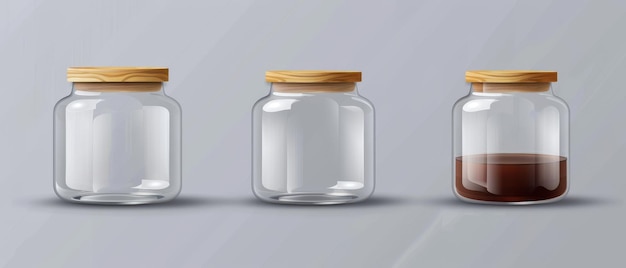 リアルな現代的なイラストセット 透明な白いプラスチックのキッチン容器 食品包装のテンプレート 木製のキャップに透明なガラスの瓶のモックアップ