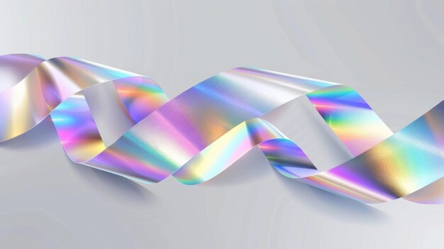 A realistic modern illustration of silver wavy ribbon with rainbow color effect reflective surface and metallic texture isolated on transparent background Design element