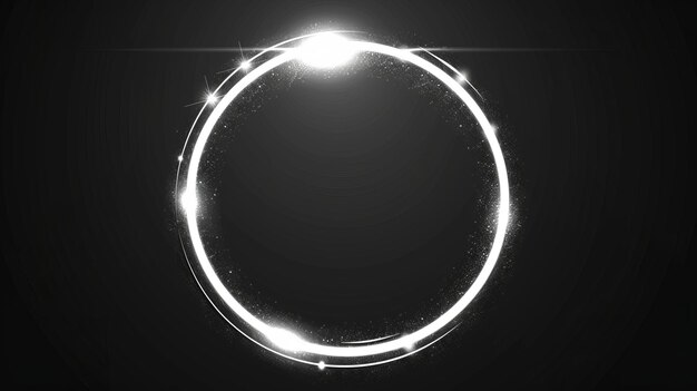 Realistic modern illustration of a white neon glowing circle with bright sparkles and streaks Shiny glare ring with rays and highlights