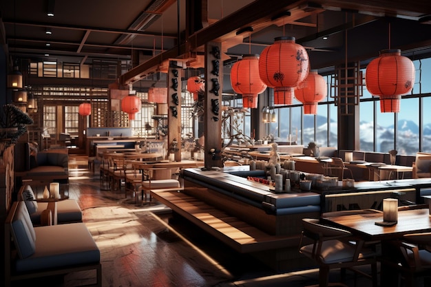 Realistic Modern Japanese Restaurant Interior Design Created with Generative AI