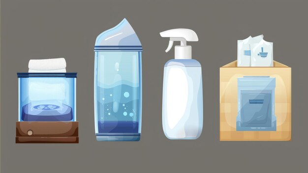 Photo in a realistic modern style a hand dryer soap dispenser box with napkins and sanitizer are isolated on a transparent background