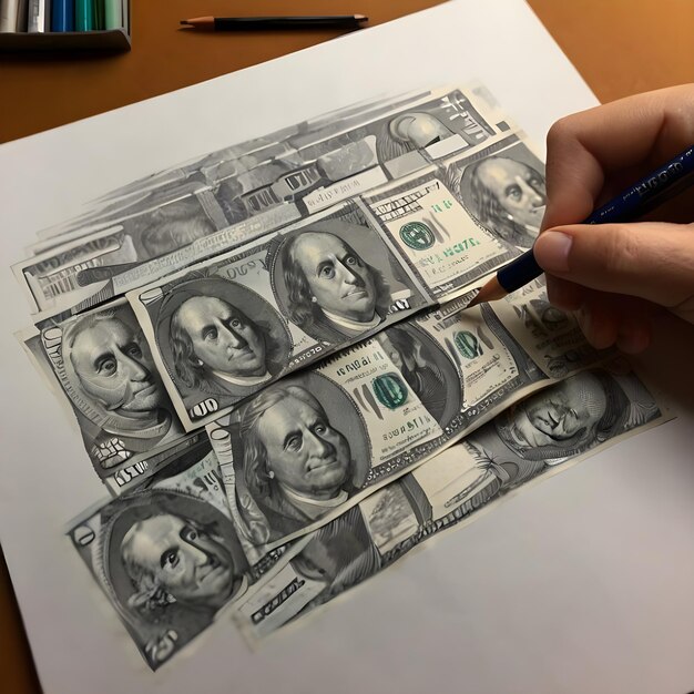 Photo realistic money drawing financial artwork