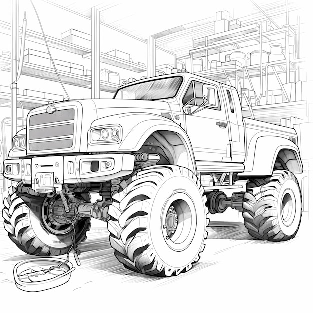 Realistic Monster Truck Coloring Page with AndroidStyled Mechanics