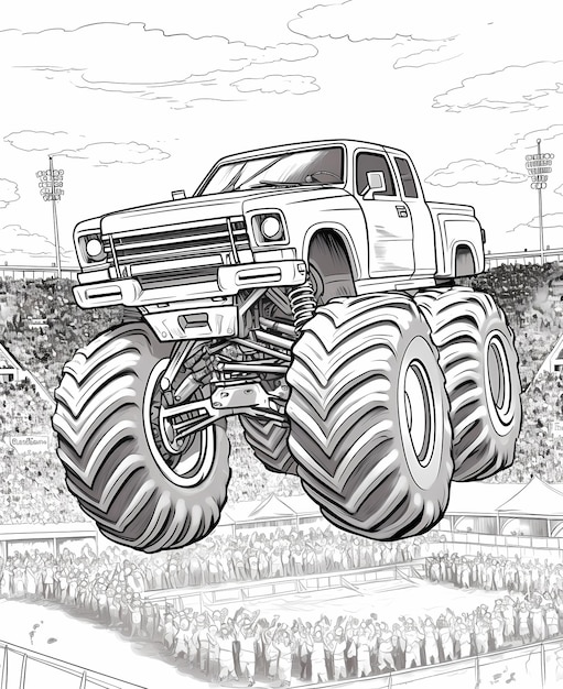 Photo realistic monster truck coloring page with jawdropping jumps and excited crowd