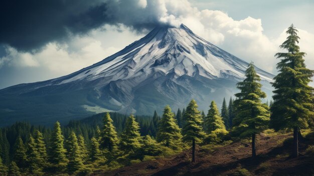 Photo realistic mountain wallpaper with volcano and rainy deciduous trees