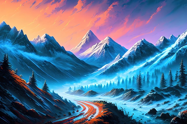 青い空と雪で覆われた水平の風景と崖を持つ現実的な山の構成