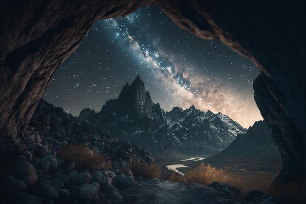 Realistic mountains at night with a milky way arch Ai generated art