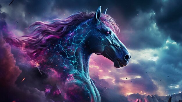 Realistic mystery horrorcore honeycore horse blue green pink galaxy volumetric lighting copy space