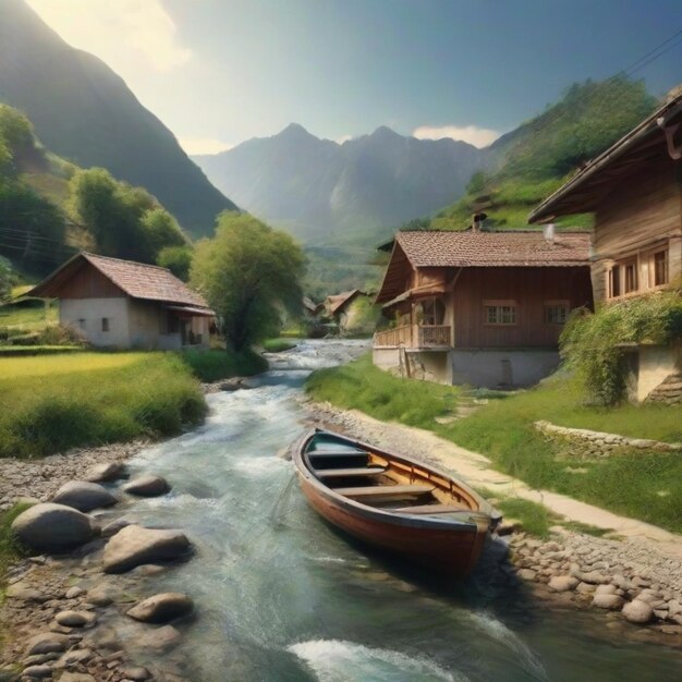 Photo realistic natural beauty of a village house with a boat in a small river