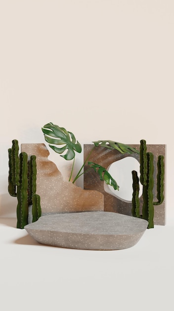 REALISTIC NATURAL PODIUM WITH CACTUS