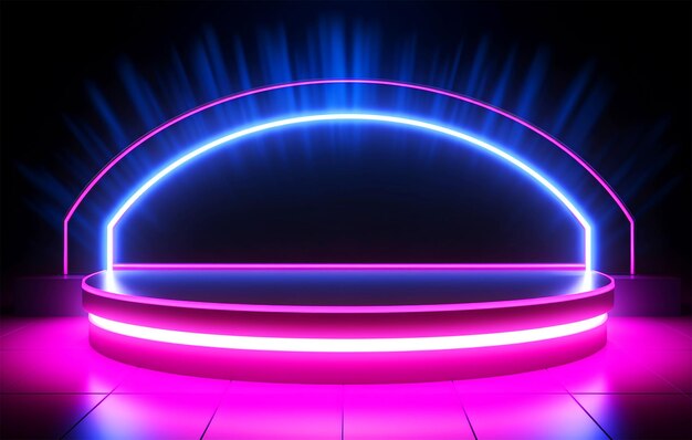 Realistic neon lights background with podium