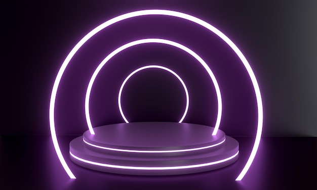 Realistic neon lights stage background with podium