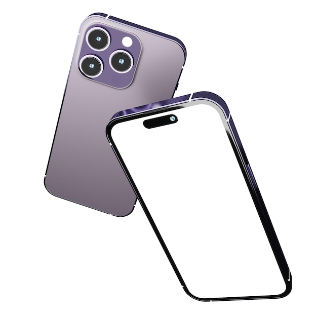 Realistico nuovo smartphone mockup in colore viola con modello di schermo di visualizzazione del dispositivo per la pubblicità del prodotto ui e ux progettazione dell'interfaccia di presentazione infografica rendering di illustrazioni 3d di concetto tecnologico