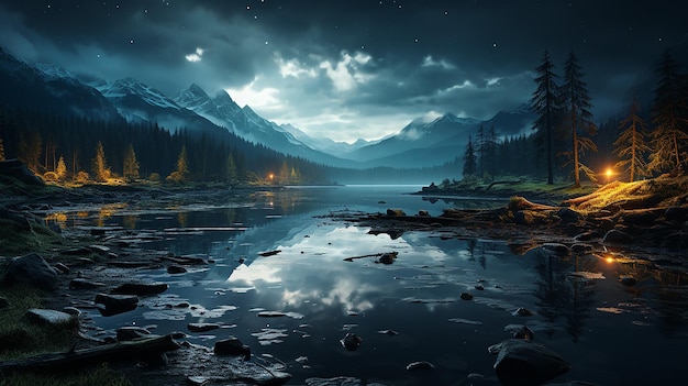 Realistic Night Landscape Beautiful Blue Tones