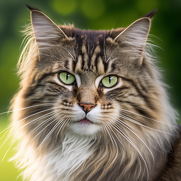 Realistic norwegian forest cat on ravishing natural outdoor background