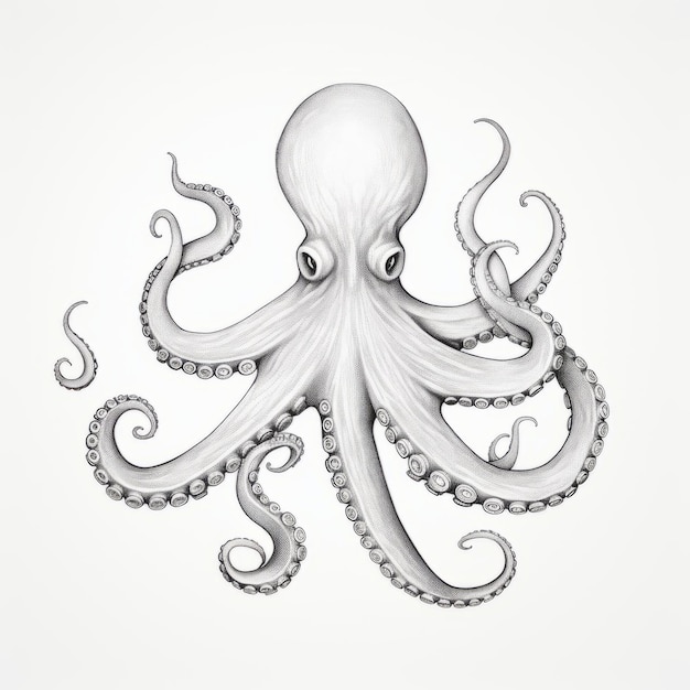 Realistic Octopus Drawing On White Gray Background