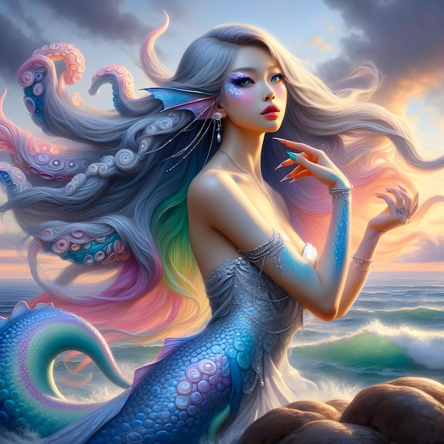 Realistic oil painting of a beautiful woman who is a hybrid of an octopus and a fish