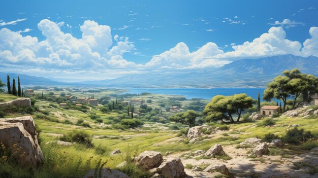 Photo realistic oil painting of greek island with wheat fields and ocean