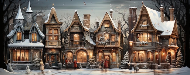 クリスマスのイギリス風の住宅がある雪の街のリアルな油絵 Generatie AI