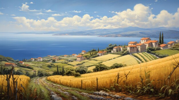 Foto pittura ad olio realistica della costa toscana con affascinanti scene rurali.