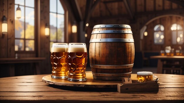 realistic oktoberfest beer barrel with beer glasses on wooden table