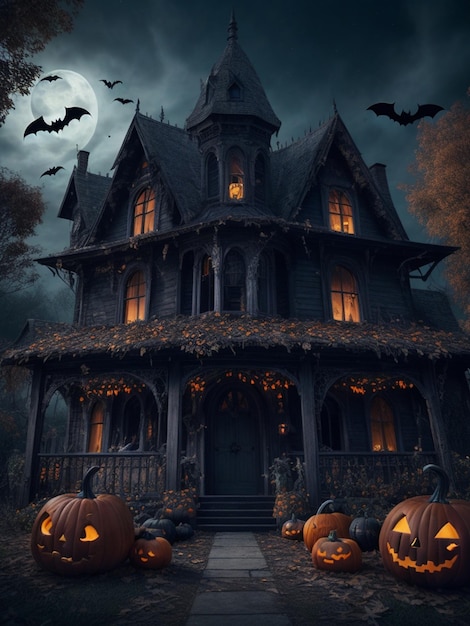 Realistic old house Halloween with pumpkin at night