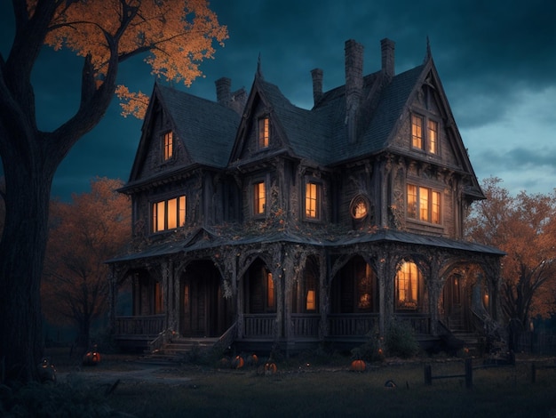 Realistic old house Halloween with pumpkin at night