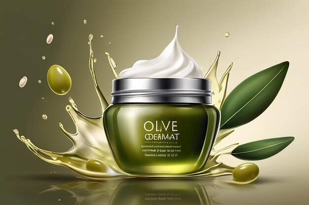 Realistic olive cosmetic poster Milk splash with face cream jar natural oils advertisement flyer