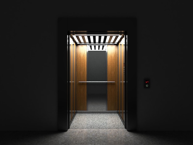 Реалистичный открытый пустой лифт с наполовину открытой дверью 3D-рендер