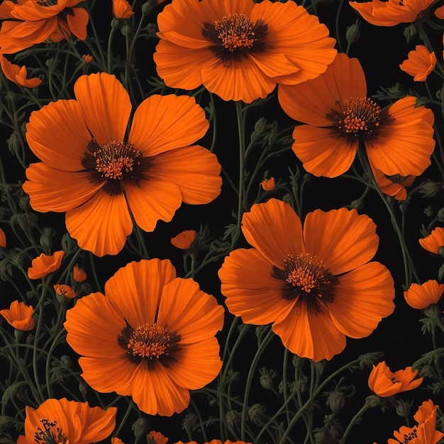 Realistic orange cosmos flowers illustration seamless pattern