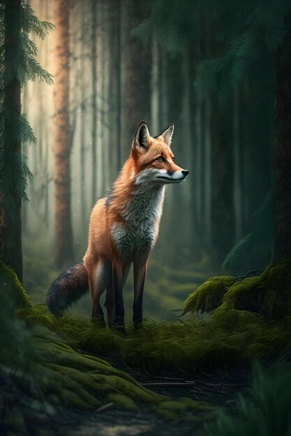 realistic orange fox in forest