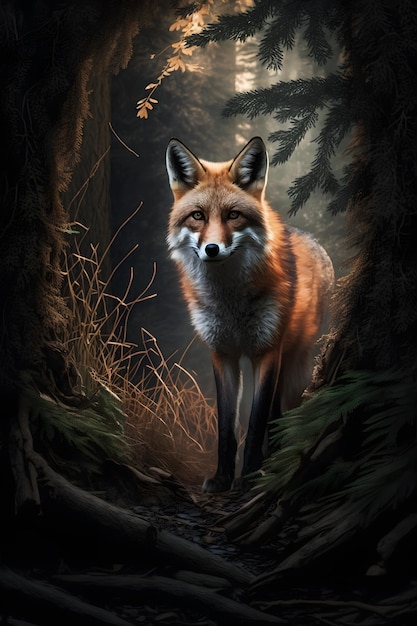 realistic orange fox in forest