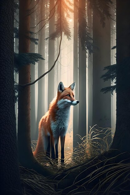 realistic orange fox in forest