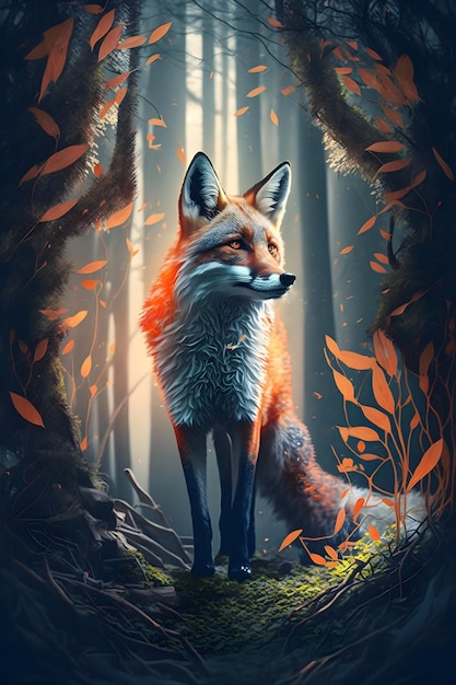 realistic orange fox in forest