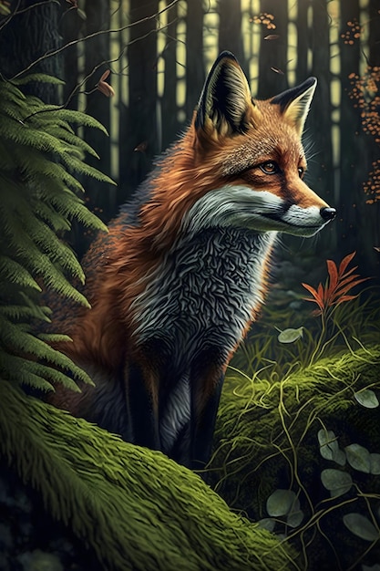 realistic orange fox in forest