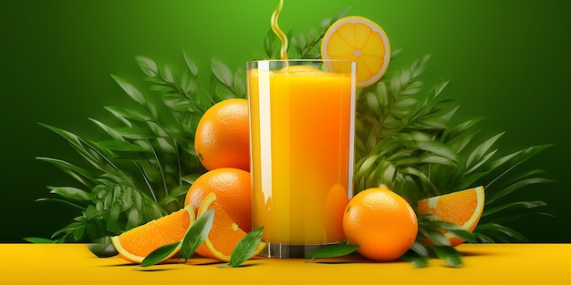 Realistic orange juice on green background generative ai