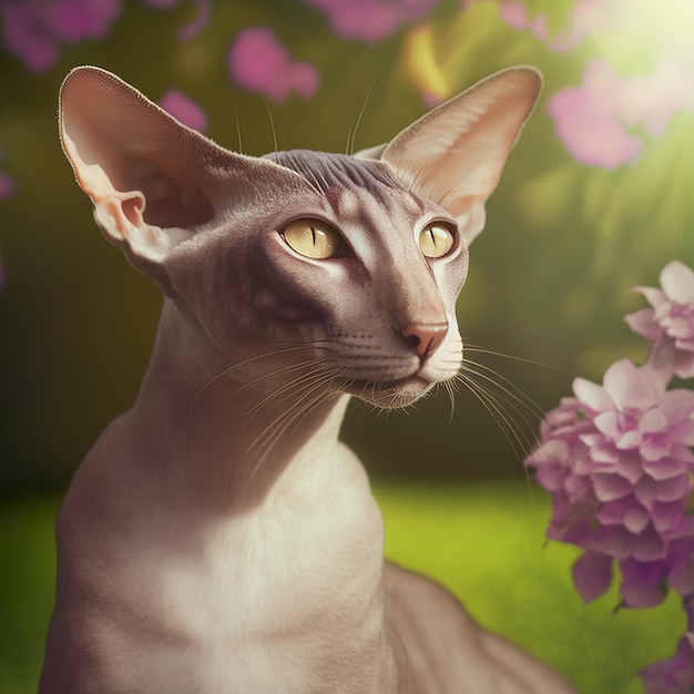 Realistic oriental cat on ravishing natural outdoor background