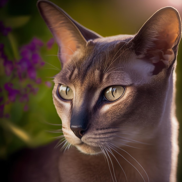 Realistic oriental cat on ravishing natural outdoor background