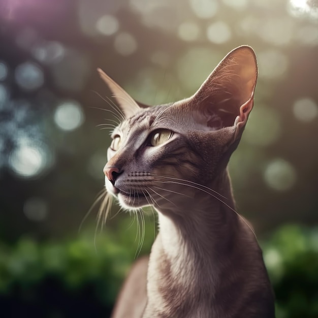 Realistic oriental cat on ravishing natural outdoor background